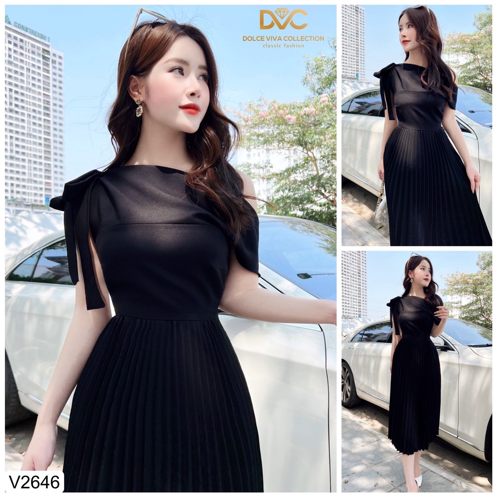 Váy đen lệch vai chân dập ly V2646 -  DOLCE VIVA COLLECTION