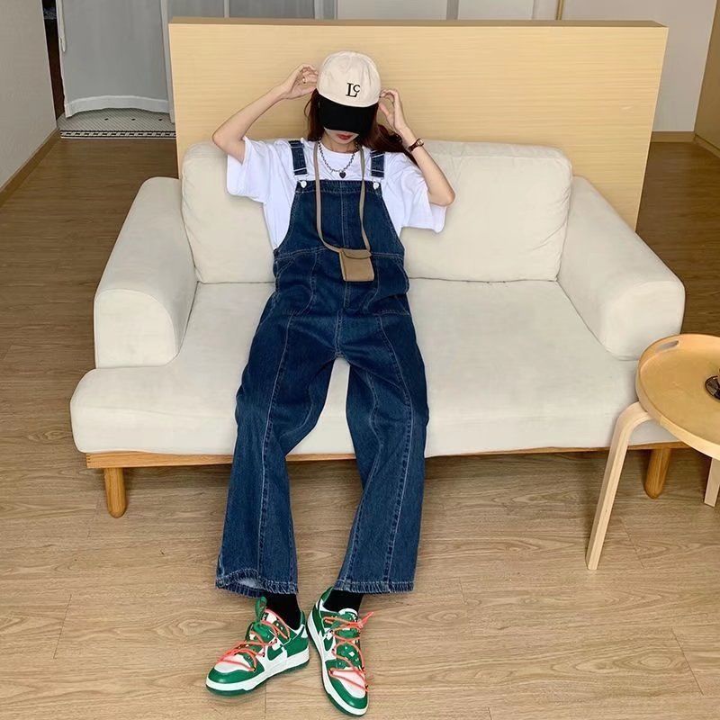 Quần Yếm Denim Màu Xanh Đậm Dáng Rộng Thời Trang Cho Nữ