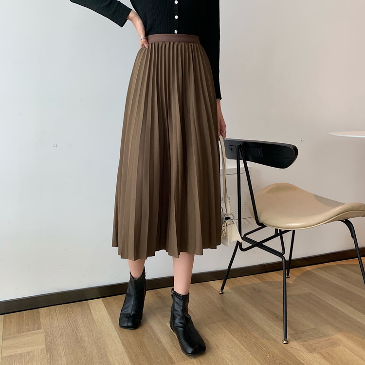 Chân váy xếp ly dáng chữ A dài lửng lưng cao mỏng màu đen trơn phong cách mùa thu 2021 khí chất dành cho nữ