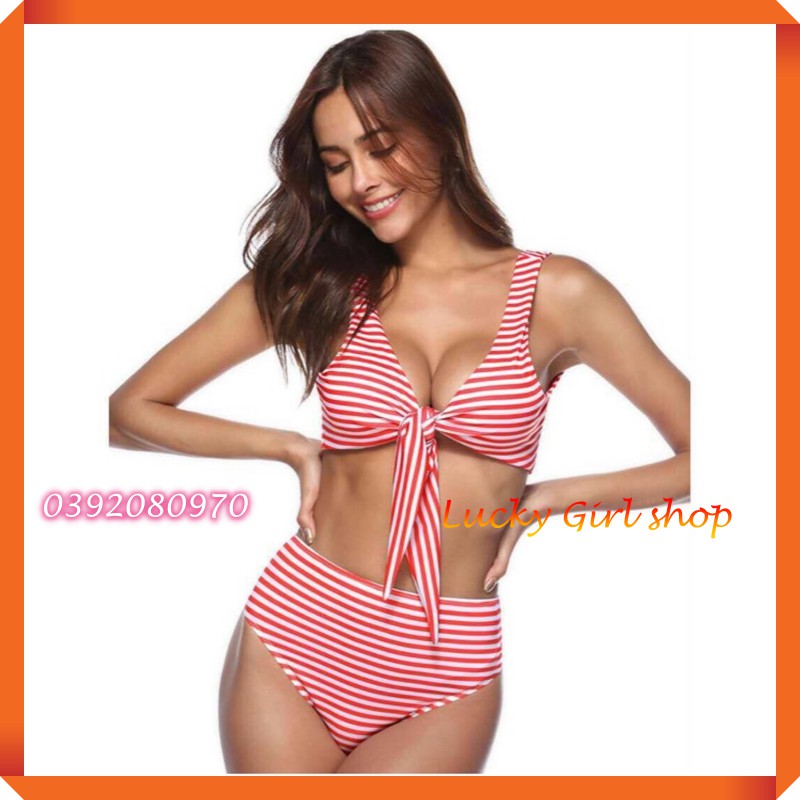 Bikini 2 Mảnh Áo Cột Nơ Trước, Quần Cạp Cao Gợi Cảm Phong Cách Âu Mỹ Size L (60-65kg) Hàng Quảng Châu-Lucky Girl shop