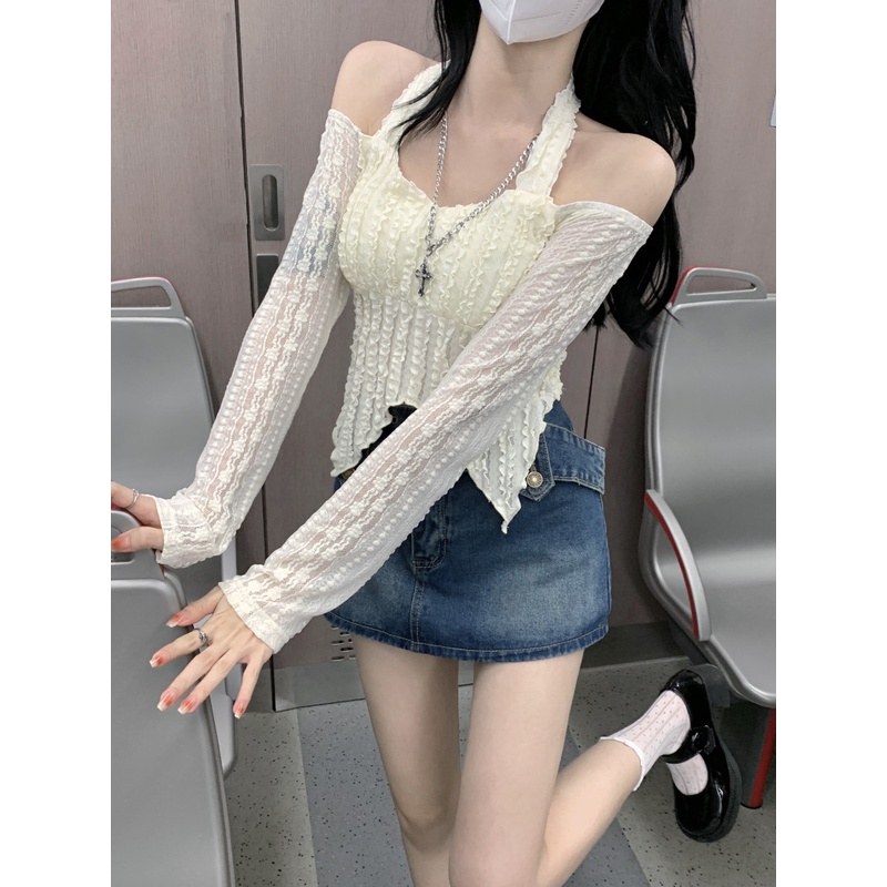 Áo Thun Tay Dài Lệch Vai Dáng Ôm Ngắn Thời Trang Quyến Rũ Cho Nữ