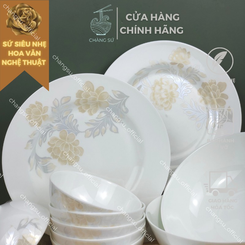 Set bát dĩa 12 món sứ xương hoa văn bắc âu cổ điển - Sứ xương siêu nhẹ Minh Châu