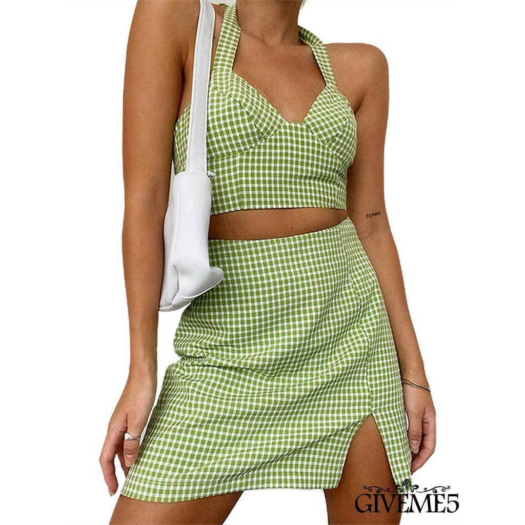 Áo không tay cổ yếm + váy in họa tiết caro thời trang cho nữ