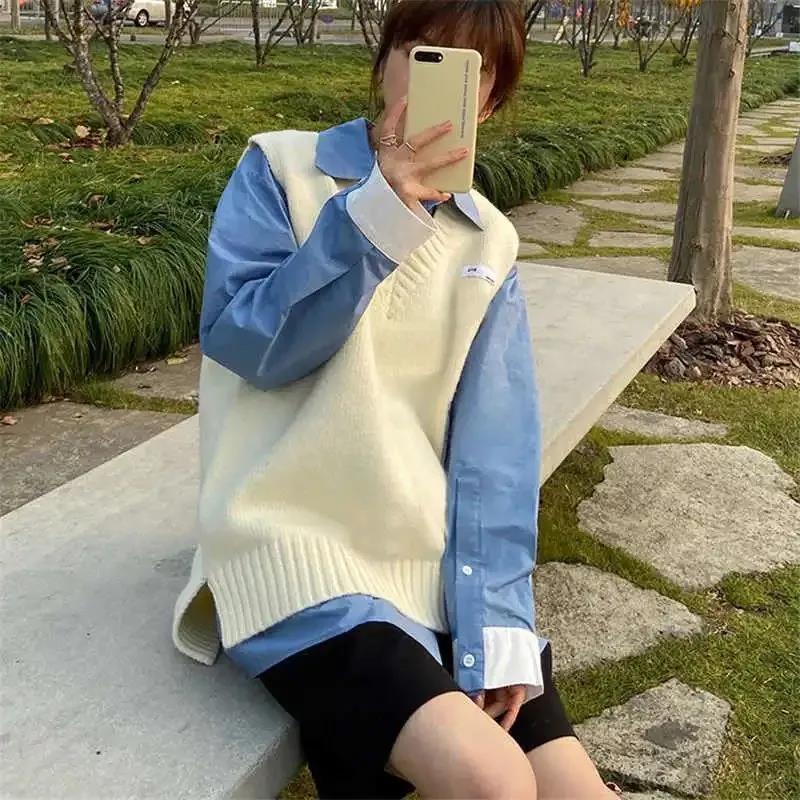 Áo sweater không tay cổ chữ V dáng rộng năng động thời trang phong cách Nhật Hàn