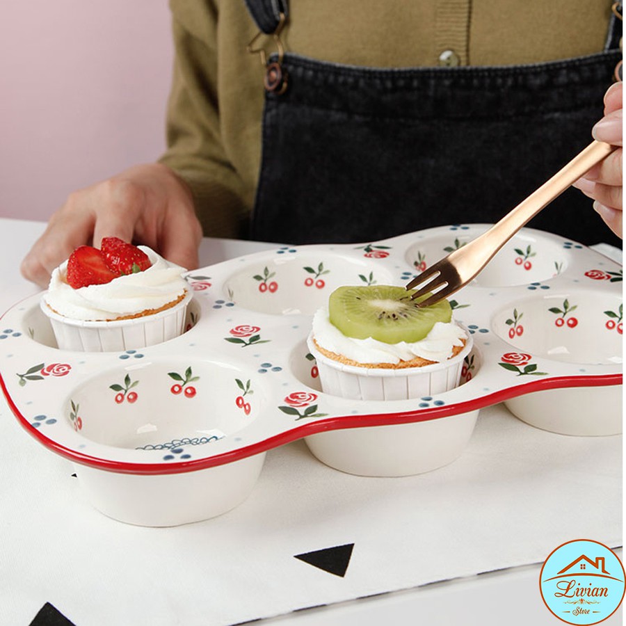 Khay nướng bánh � khuôn làm bánh bằng sứ 6 ô họa tiết cherry đỏ