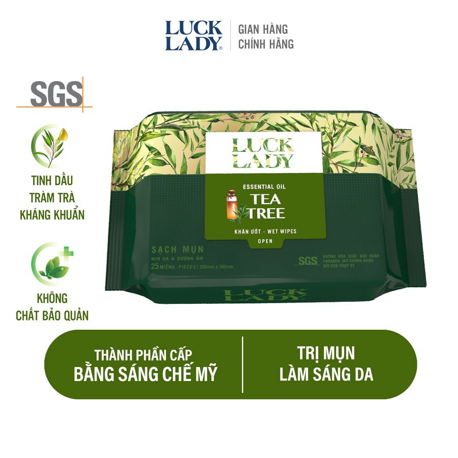 Khăn ướt ngừa mụn, mềm mịn da Luck Lady Tea Tree 25 tờ/gói