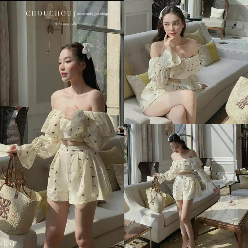 Sét bộ đồ nữ áo croptop cúp ngực trễ vai tay dài xòe bèo in hoa 3D sang chảnh mix quần ( có lót ) dễ thương dự tiệc