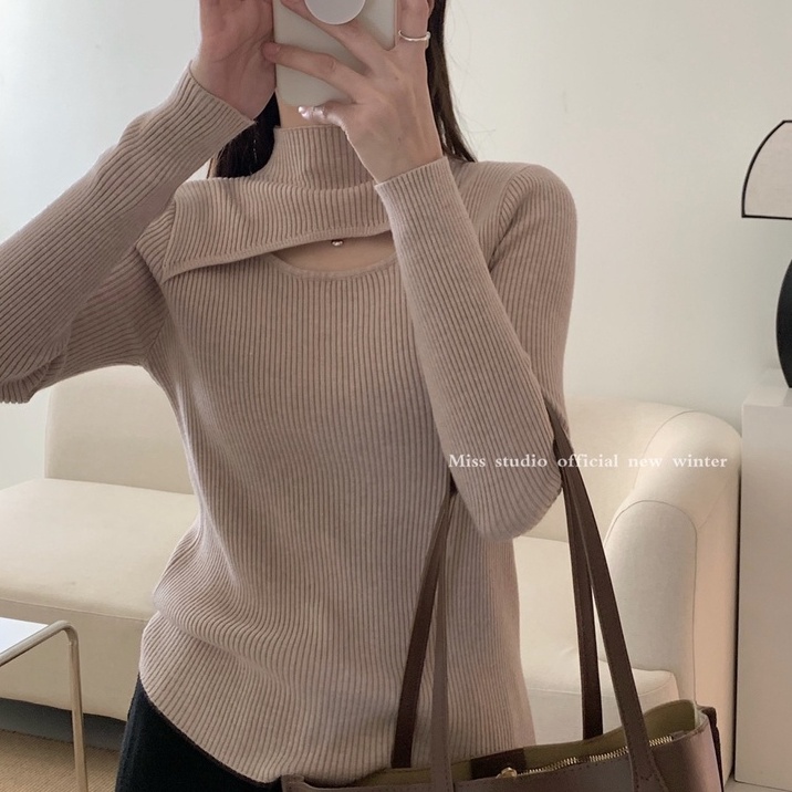 Áo dệt kim ZHELIHANGFEI tay dài cổ cao thiết kế bất đối xứng thời trang quyến rũ