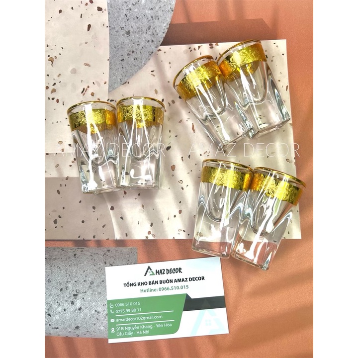 Bộ 6 chén ly rượu thủy tinh đế vuông dày cao cấp sang trọng họa tiết khảm họa tiết vàng
