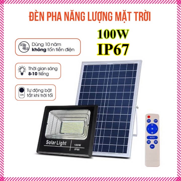 Đèn pha năng lượng mặt trời 100w cảm biến tự động sáng 245 Led có điều khiển từ xa, chống nước IP67