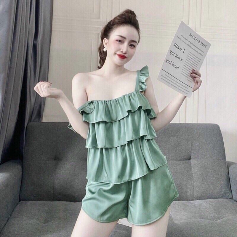 Đồ Bộ Nữ Lụa Satin Cao Cấp Phối Bèo 3 Tầng Nhiều Mùa Cực Sexy Và Thoáng Mát Mặc Nhà Mặc Đi Ngủ