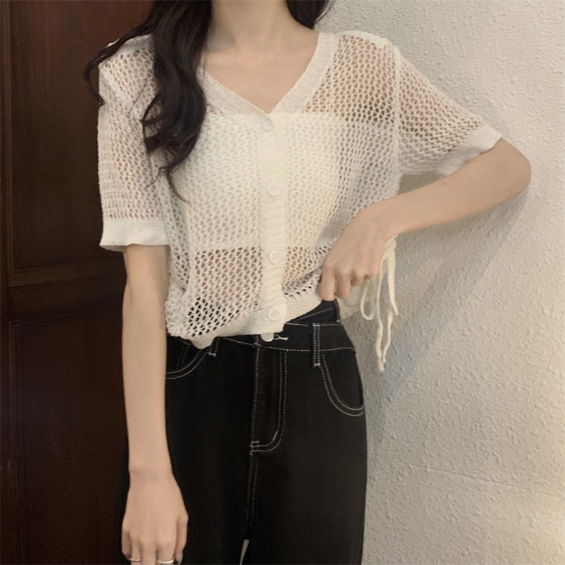 【ZHELIHANGFEI】Áo Cardigan Dệt Kim Tay Ngắn Dáng Rộng Phối Dây Rút Thời Trang Dành Cho Nữ