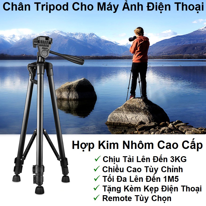 Chân Tripods Bằng Hợp Kim Nhôm Chất Lượng Cao 3366 Cho Điện Thoại - Máy Ảnh - Máy Quay - Cao 1M5 - Tặng Kẹp Điện Thoại