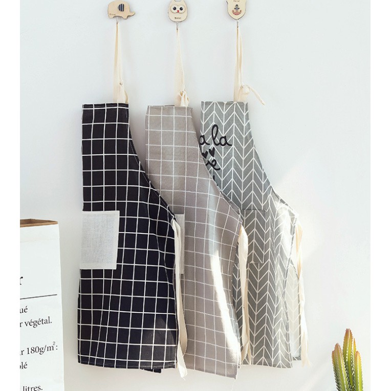 Tạp dề vải lanh cotton không tay in họa tiết đơn giản phong cách Nhật bản