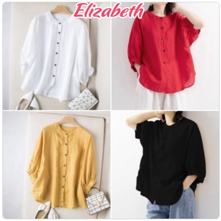 Áo sơ mi nữ cổ tròn tay lỡ form rộng bigsize Elizabeth chất liệu đũi tơ mềm nhẹ mát SMH.34