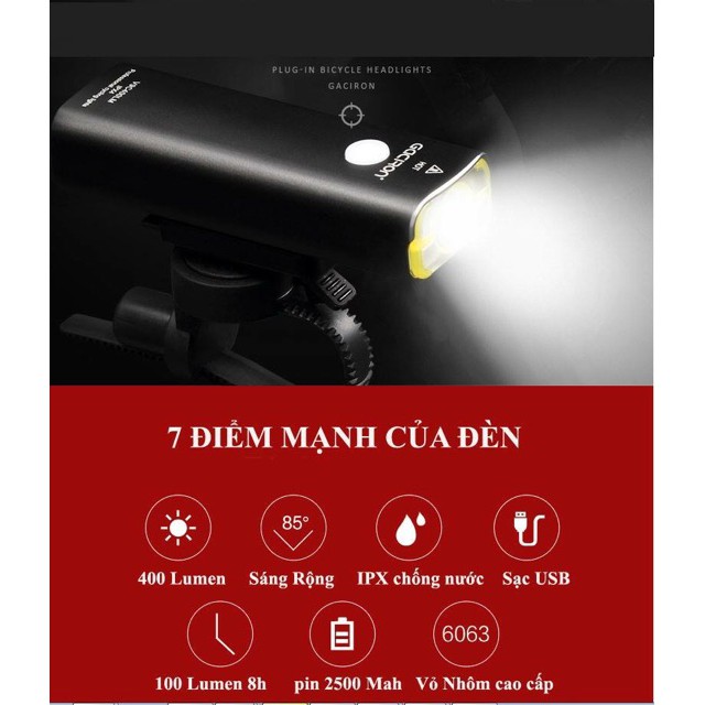 Đèn trước xe đạp sạc USB Gaciron VC9-400