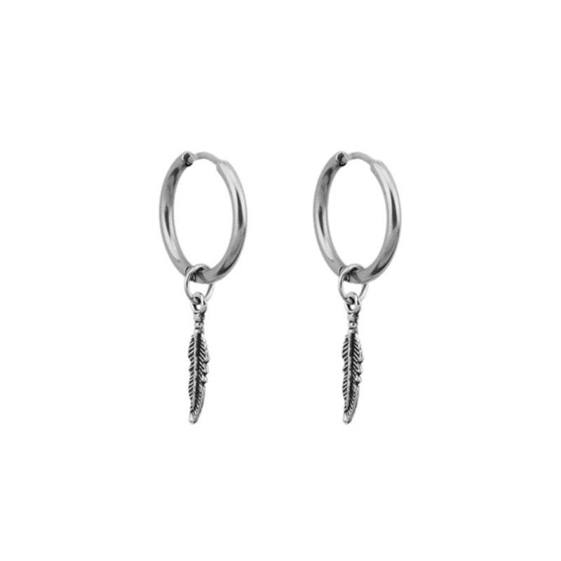 king Hip Hop Kpop Boy Leaf Titanium Feather Pendant Hoop Drop Earrings Korean Jewelry
