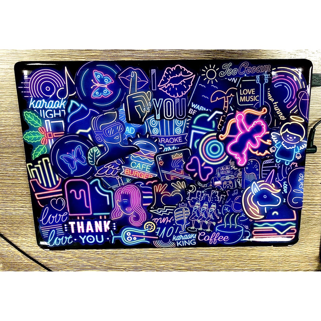 Sticker Neon Set 50 hình dán cute dễ thương trang trí laptop sticker dán mũ bảo hiểm, xe máy chống nước ván trượt guitar