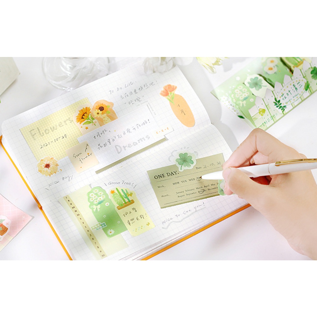 CARD LOVER_Set 120 tờ giấy Sticky note Flower Dream, hoa cẩm tú cầu, cỏ bốn lá...
