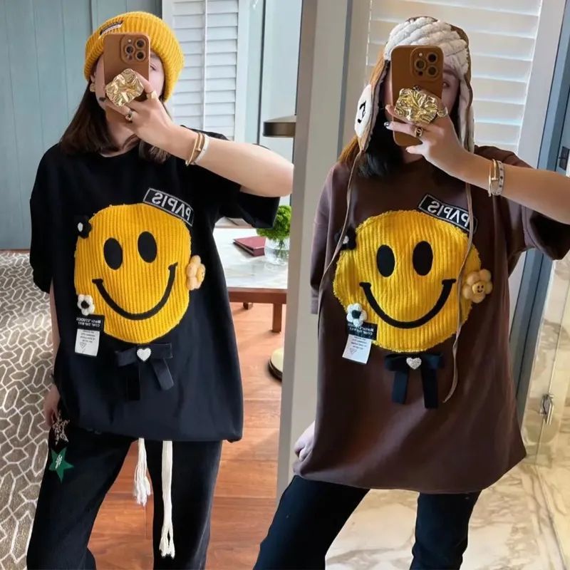 Áo Thun Tay Ngắn Cổ Tròn Màu Trơn In Hình Mặt Cười Hoạt Hình Thời Trang Mùa Hè 2022 Dành Cho Nữ