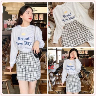 Hot! set áo dài tay chân váy ngắn💖freeship💖 set áo in chữ mix chân váy kẻ caro ad05