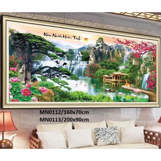 Tranh thêu chữ thập phong cảnh lưu thuỷ sinh tài khổ lớn