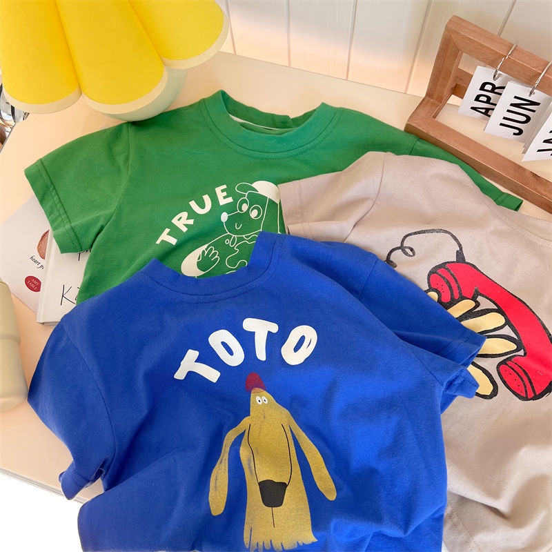 Áo thun bằng cotton nguyên chất 100% ngắn tay in họa tiết hoạt hình cho bé sáu màu