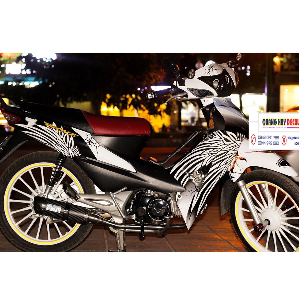 Tem trùm wave trắng đen chim ưng alpha 100, độ phủ bộ team decal cho xe máy rẻ đẹp (dán đời 2006-2016)