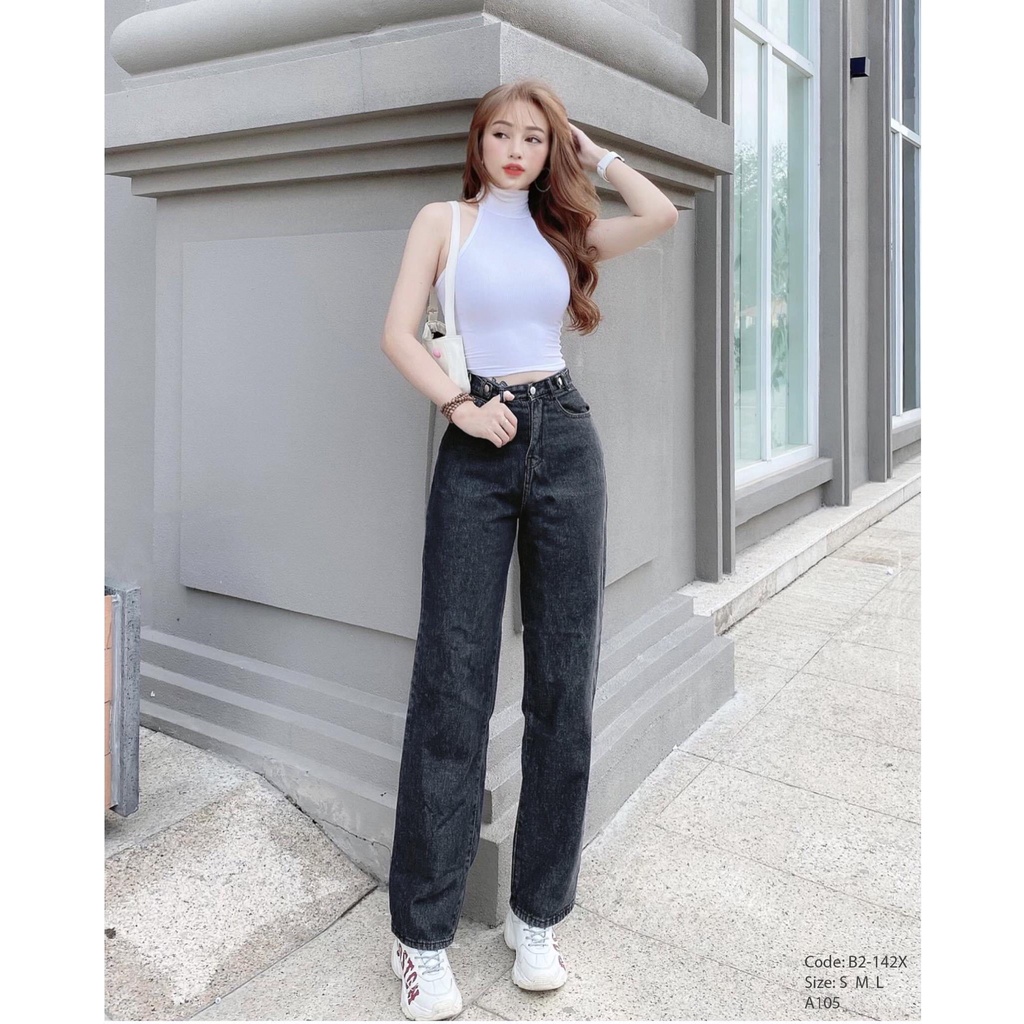 Quần jean nữ ống rộng ❤️ Cạp lưng cao màu xanh dáng ống suông chất bò dầy dặn trẻ trung LX41 | BigBuy360 - bigbuy360.vn