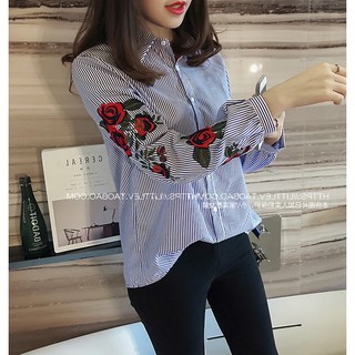 ÁO SƠ MI CỔ ĐỨC TAY THÊU HOA