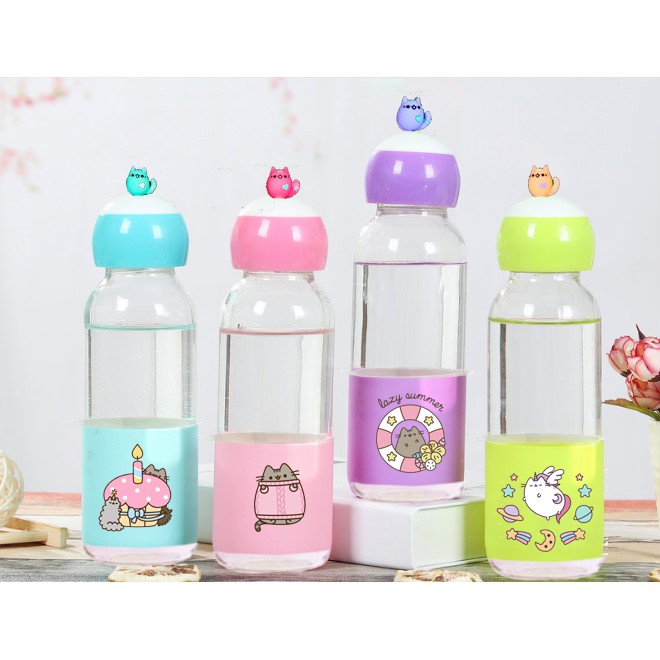 Bình nước pusheen lá cây 400ml BNCI8 thuỷ tinh bình nước cute chai nước dễ thương