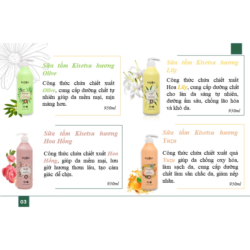 Sữa Tắm Dưỡng Ẩm Trắng Da Kisetsu Sữa Tắm Chống Lão Hóa 950ml (Anh Đào, Hồng, LiLy, Aloe Vera, Sữa Dê Ong Chúa, YuZu)