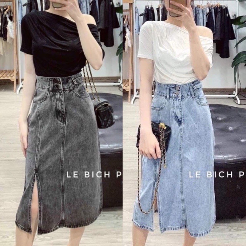 CHÂN VÁY JEAN DÁNG DÀI TÚI NẮP XẺ CHO NỮ