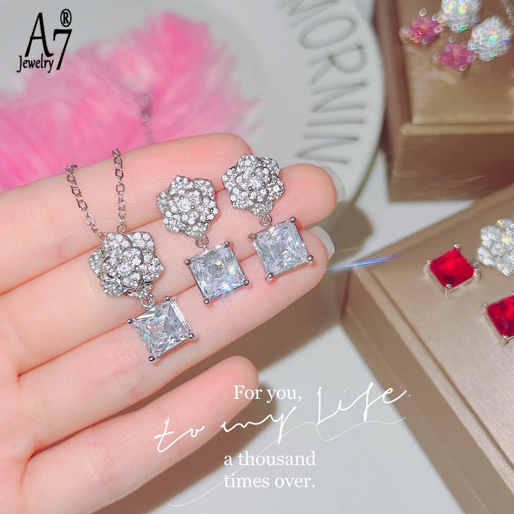 Bộ Vòng cổ Và Bông Tai Đính Đá Zircon A7 Hình Hoa Hồng