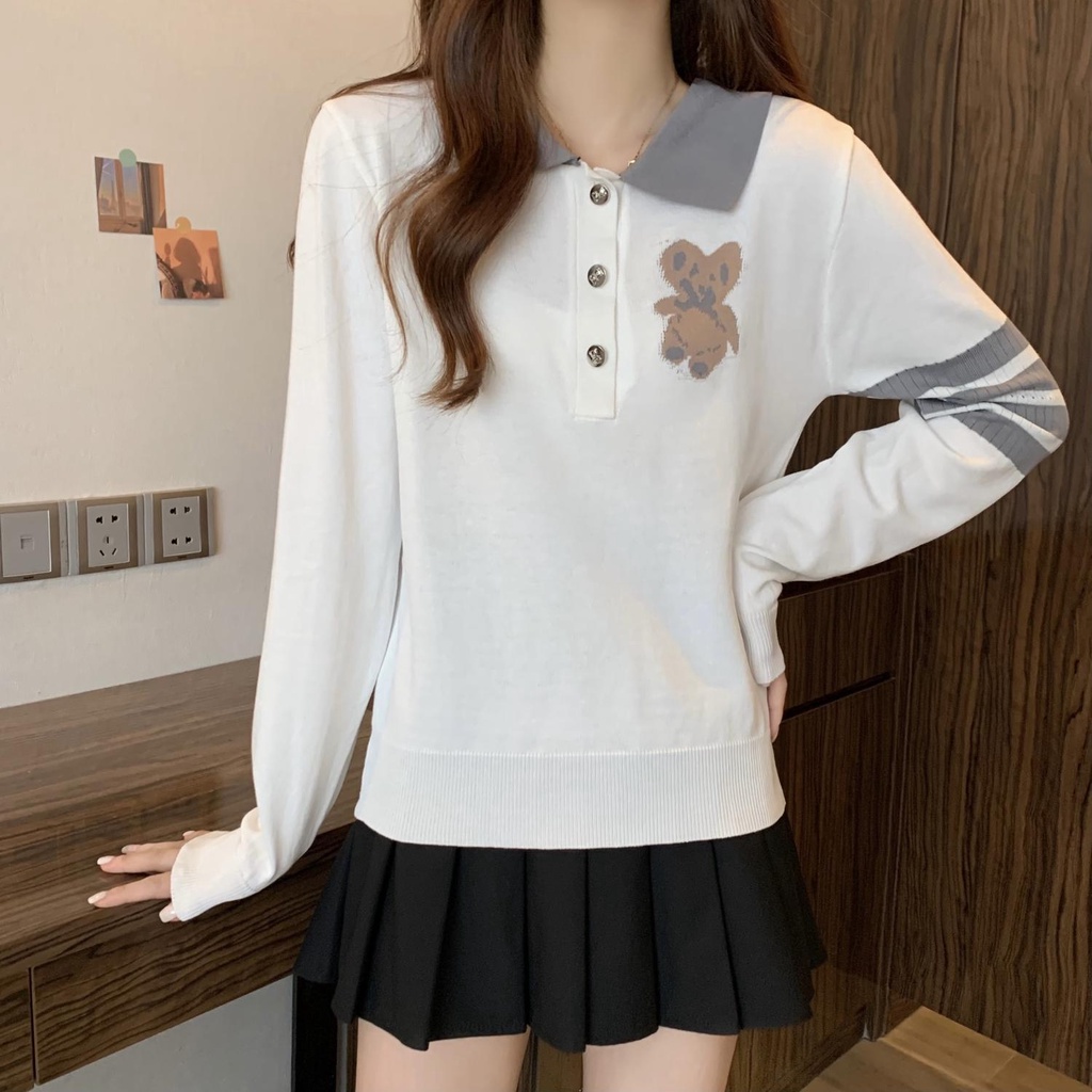 ZHELIHANGFEI Áo Thun POLO Tay Dài Dáng Ôm Thêu Hình Gấu Dễ Thương