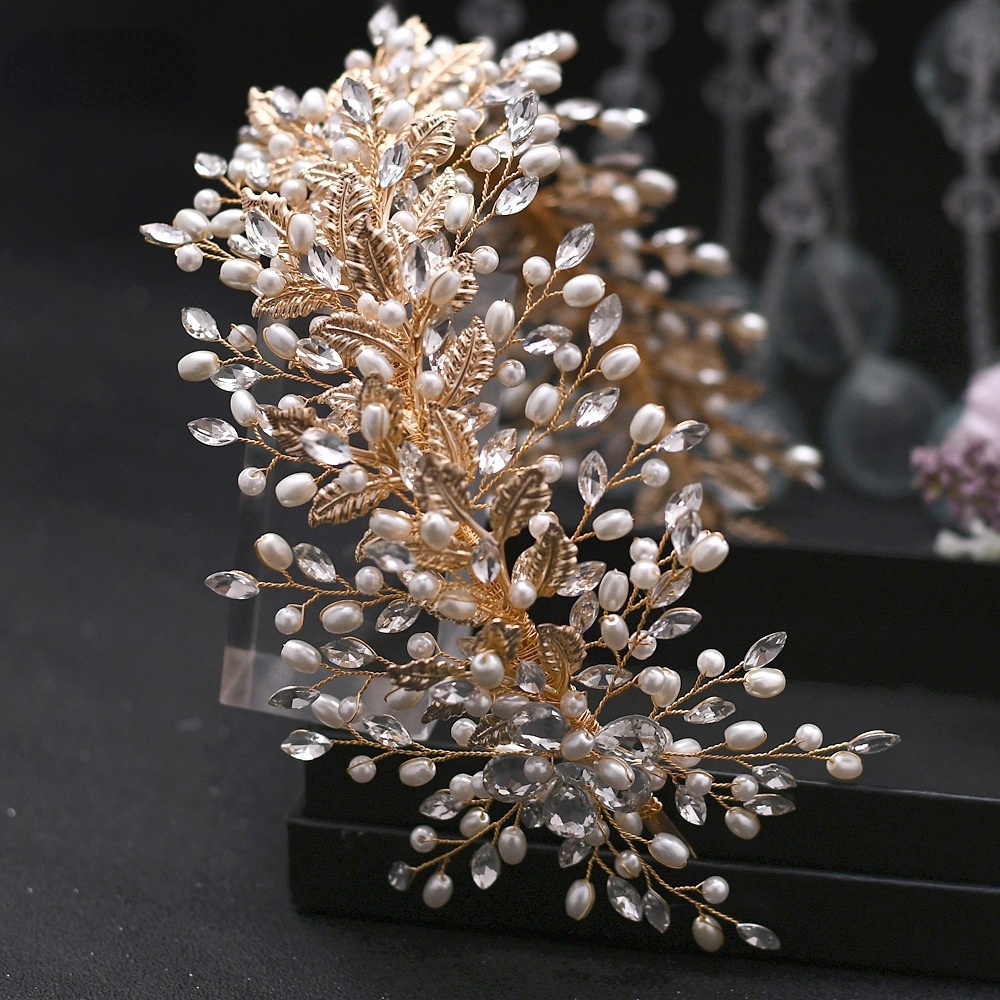 Băng Đô Cài Tóc Hình Chiếc Lá Có Đính Đá Và Ngọc Trai