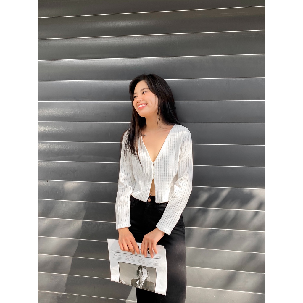Áo lưới cổ v gài nút màu trắng LENCLOTHING 835400