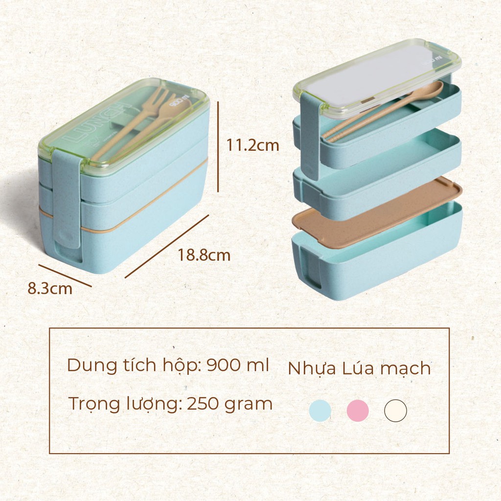 Hộp cơm nhựa Lason lúa mạch, hộp đựng cơm trưa  kèm bộ thìa đũa nhựa HC00118