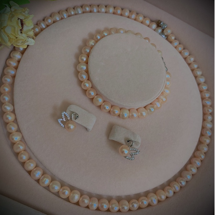 Bộ trang sức trai thật tự nhiên nuôi nước ngọt hồng ánh cam 6li hạt tuyển bóng ánh xà cừ gồm vòng cổ,vòng tay,bông tai