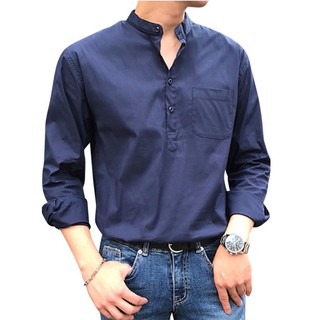 Áo sơ mi nam cổ tàu màu xanh than chất vải thô dáng ôm nhẹ thích hợp với nhiêu lứa tuổi