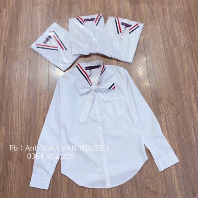 Xả - Áo sơ mi nơ cổ phối viền đỏ cho nữ