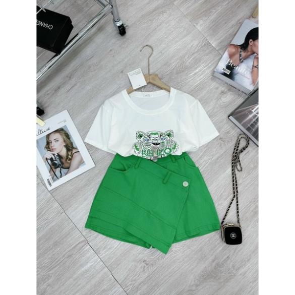 [ 𝐅𝐑𝐄𝐄 𝐒𝐇𝐈𝐏 ] SET ÁO THUN HỔ MIX CHÂN VÁY LỆCH TÀ XANH