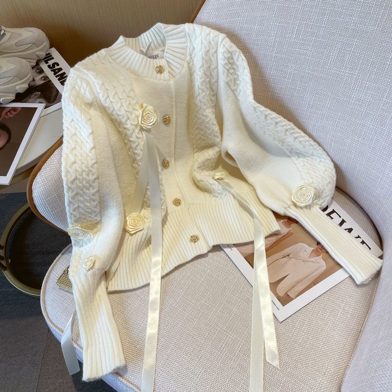 Áo Khoác cardigan Dệt Kim Tay Dài Họa Tiết Hoa Hồng Ba Chiều Thời Trang Thu Đông