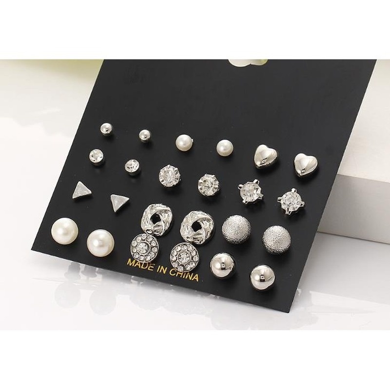 Set 12 đôi bông tai đính đá zircon hình vuông/trái tim