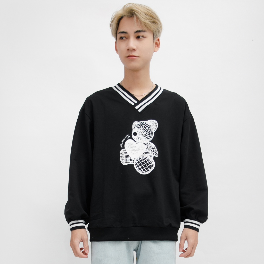 Áo Nỉ Đen Cao Cấp Sweater Dài Tay Nam MANDO Cổ Tim Họa Tiết In Gấu Form Rộng Basic Unisex Thời Trang Hàn Quốc NDN091
