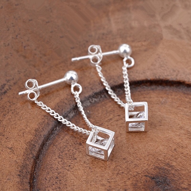 Bông tai bạc ta cá tính hình khối lập phương Xưởng Bạc Phương Cảnh