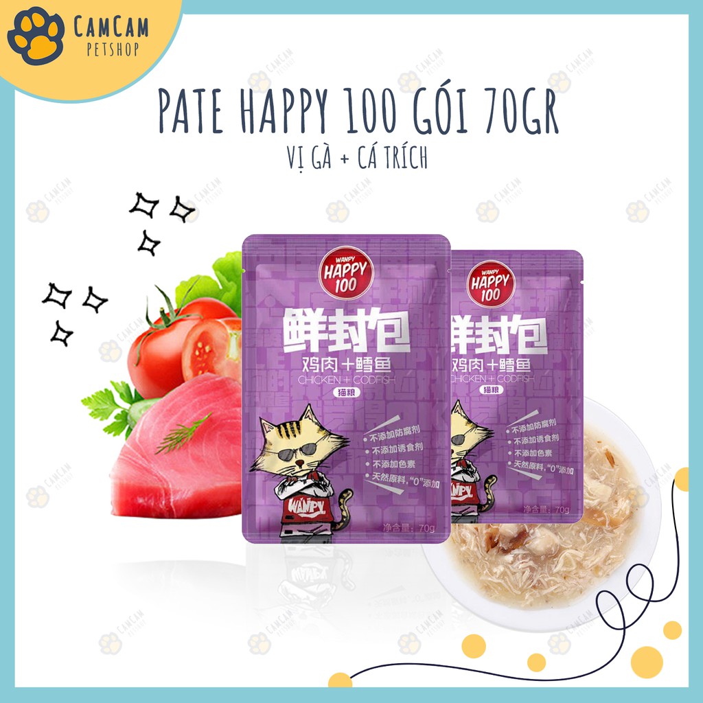 Pate cho mèo Wanpy Happy 100 gói 70gr - Thức ăn cho mèo dạng soup với thành phần chính Cá và Gà