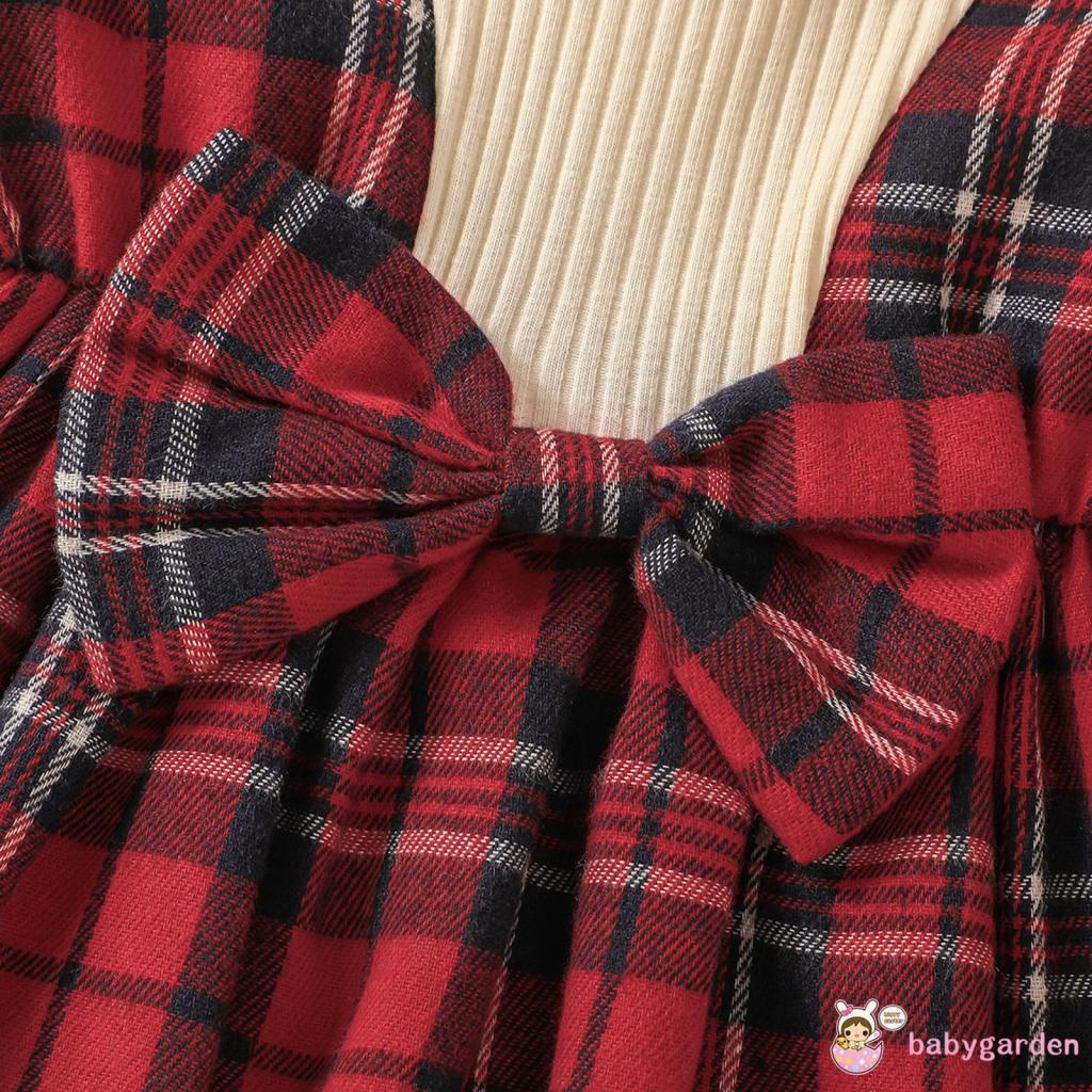 Đầm Tay Dài Giả Hai Lớp Cổ Tròn In Họa Tiết Caro + Băng Đô Nơ Phong Cách Giáng Sinh Cho Bé Gái