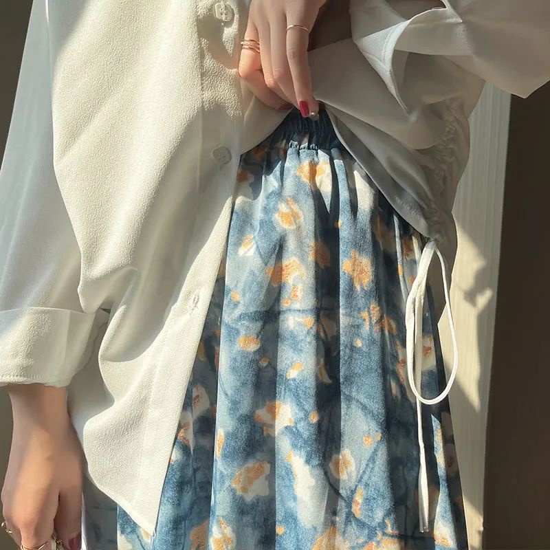 Chân váy chiffon chữ A dáng rộng in hoa phong cách Hàn Quốc mới