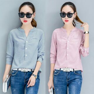 Áo sơ mi sọc cổ V cách điệu